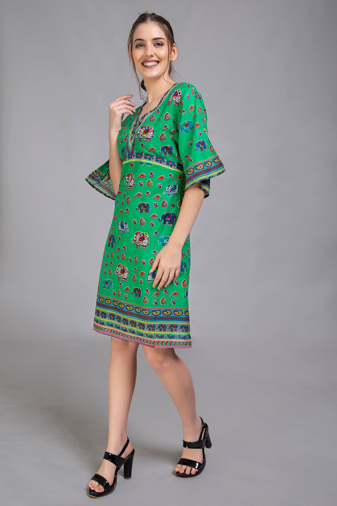 Green Elephant Print Dress - Vz Collection