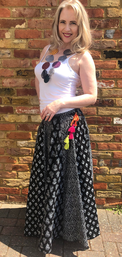 Bohemian Cotton Skirt with Indian Print Panels - Vz Collection