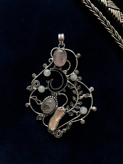 Rose Quartz, Moon Stone and Pearl Pendant - Vz Collection