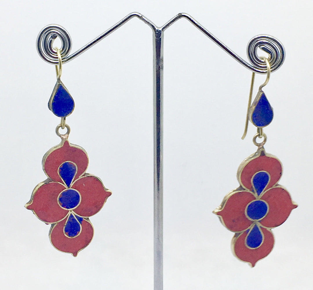 Tibetan Influenced Red & Blue Lotus Earrings - Vz Collection