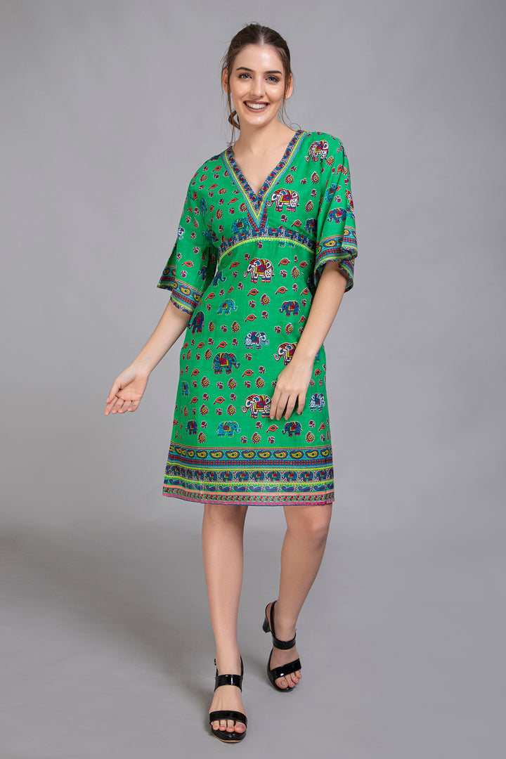 Green Elephant Print Dress - Vz Collection