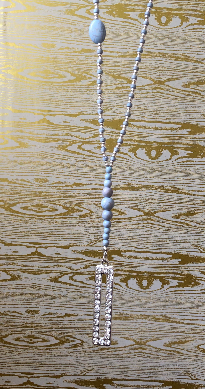 Angelite Beads with Rectangular Sparkling Pendant Long Necklace - Vz Collection