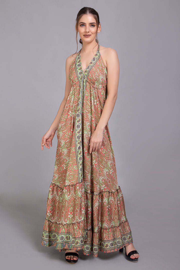 Upcycled Indian Silk Saree Long Bohemian Dress - Vz Collection