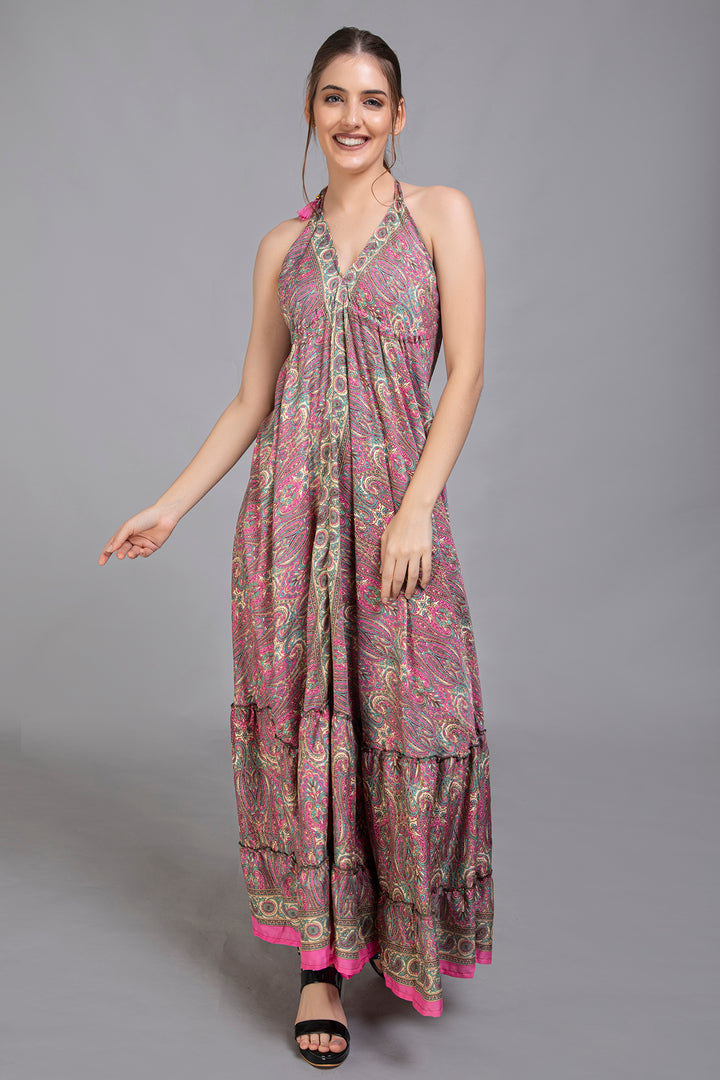 Upcycled Indian Silk Saree Long Bohemian Dress - Vz Collection