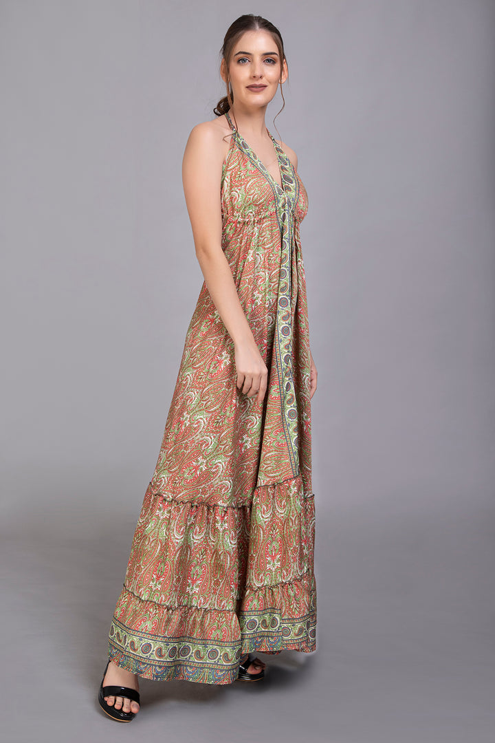 Upcycled Indian Silk Saree Long Bohemian Dress - Vz Collection