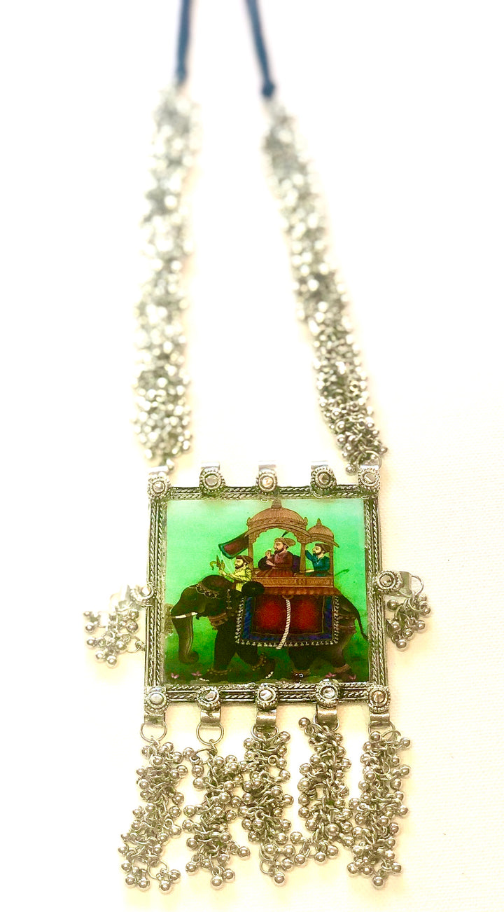 Mughal King on an Elephant Print Long Necklace - Vz Collection