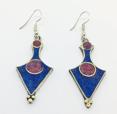 Tibetan Influenced Blue and Red Flower Petal Earrings - Vz Collection