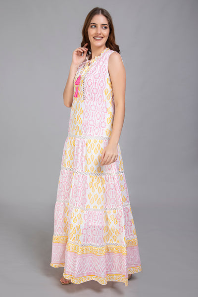 Block Print Pastel Colour Cotton Dress - Vz Collection