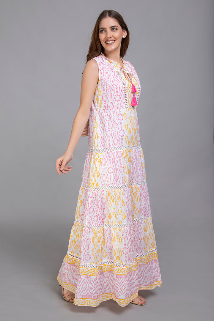Block Print Pastel Colour Cotton Dress - Vz Collection