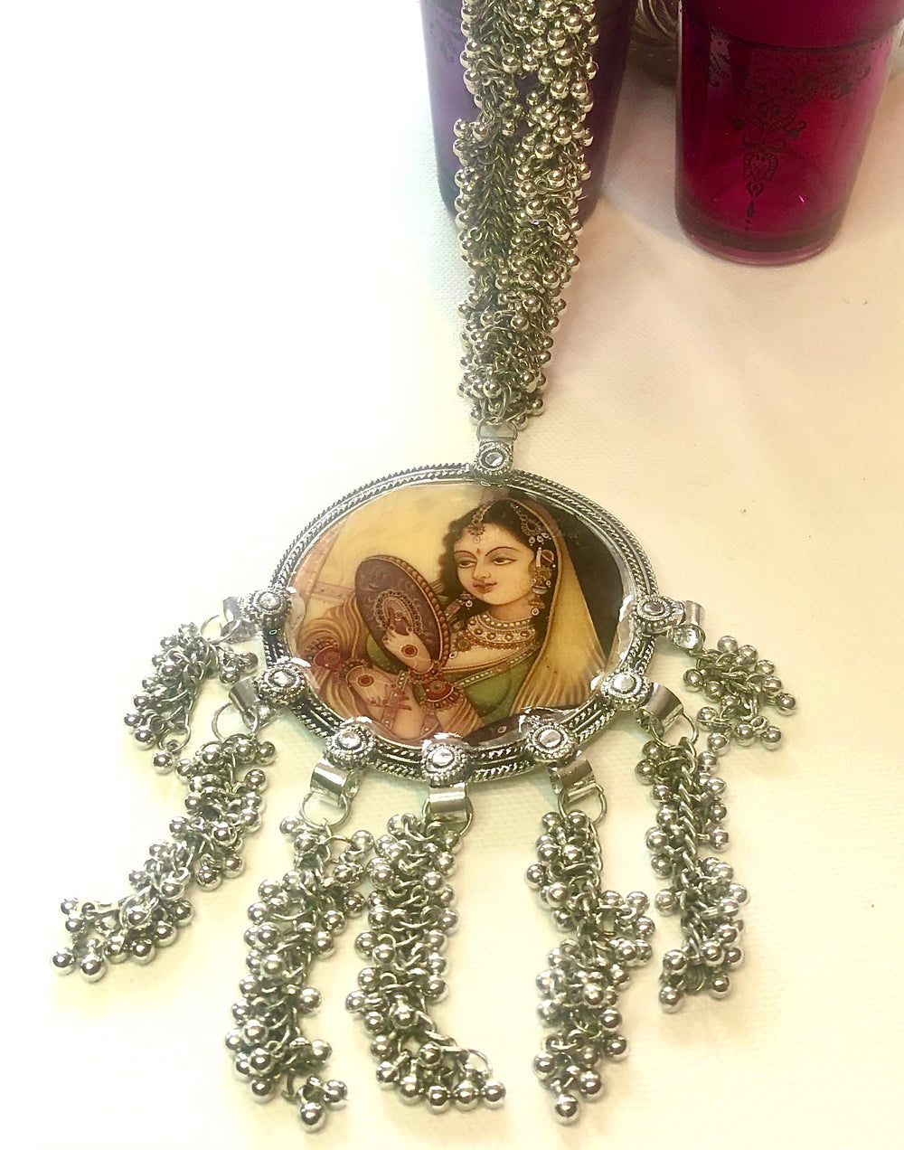 Mughal Lady with Mirror Print Long Necklace - Vz Collection