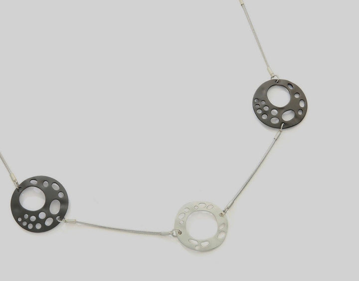 Matt Finish Gunmetal Grey and White Circle Pieces Long Necklace - Vz Collection