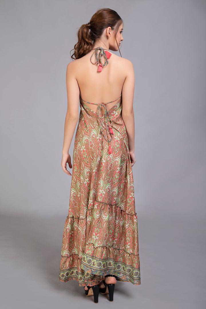 Upcycled Indian Silk Saree Long Bohemian Dress - Vz Collection