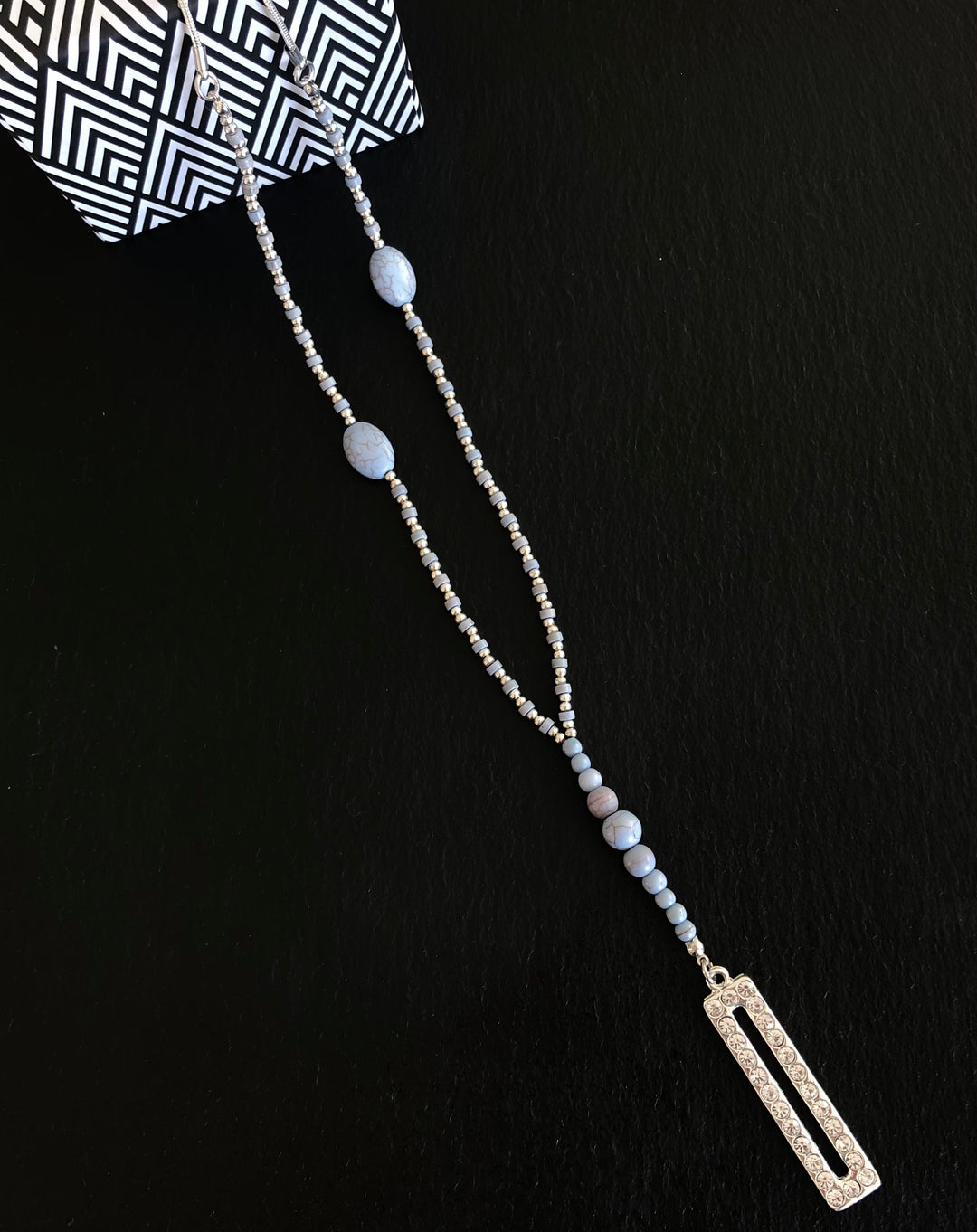 Angelite Beads with Rectangular Sparkling Pendant Long Necklace - Vz Collection