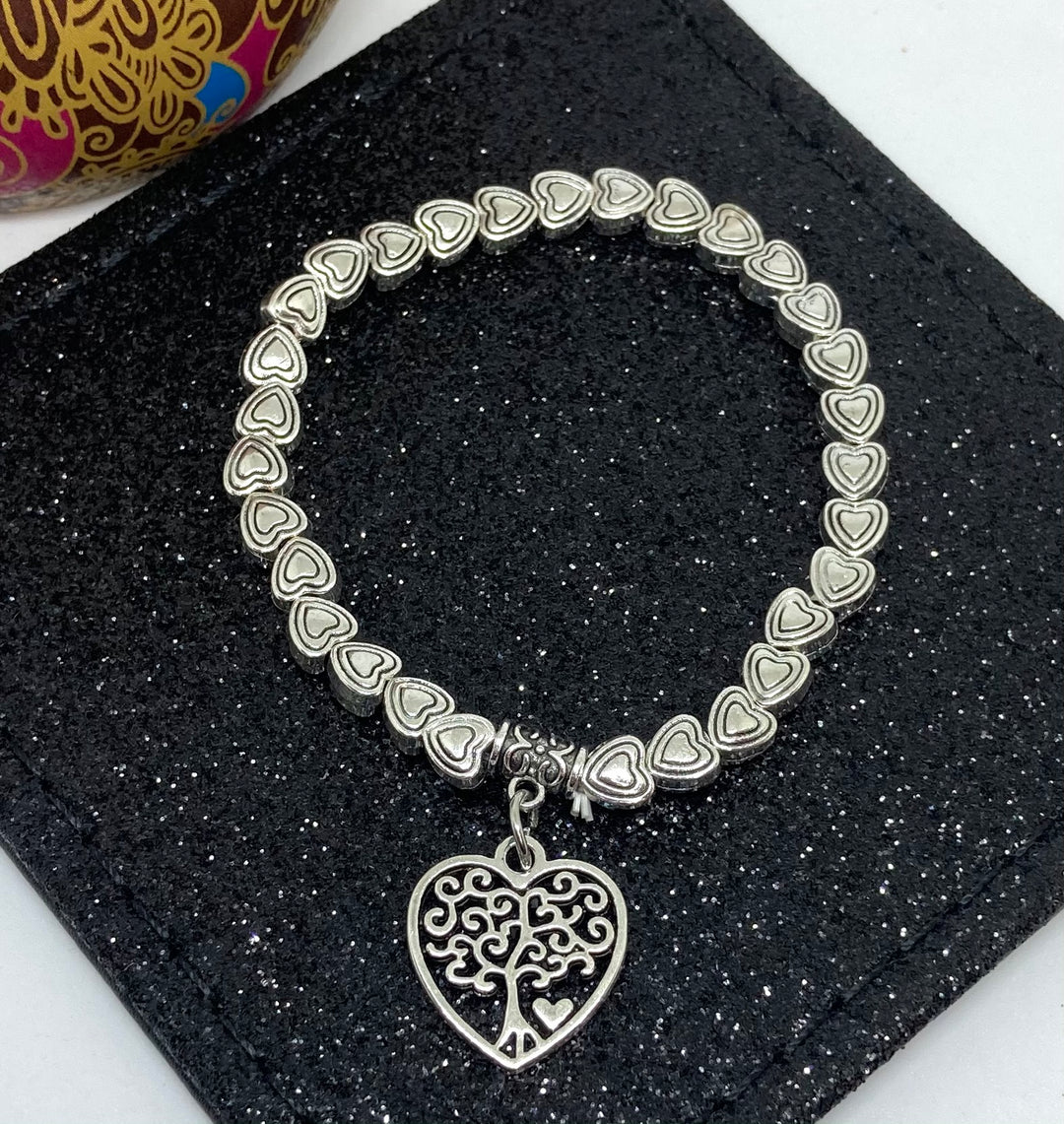 Heart Shaped Mulberry Charm with Heart Shaped Beads Elasticated Bracelet - Vz Collection