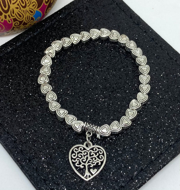 Heart Shaped Mulberry Charm with Heart Shaped Beads Elasticated Bracelet - Vz Collection