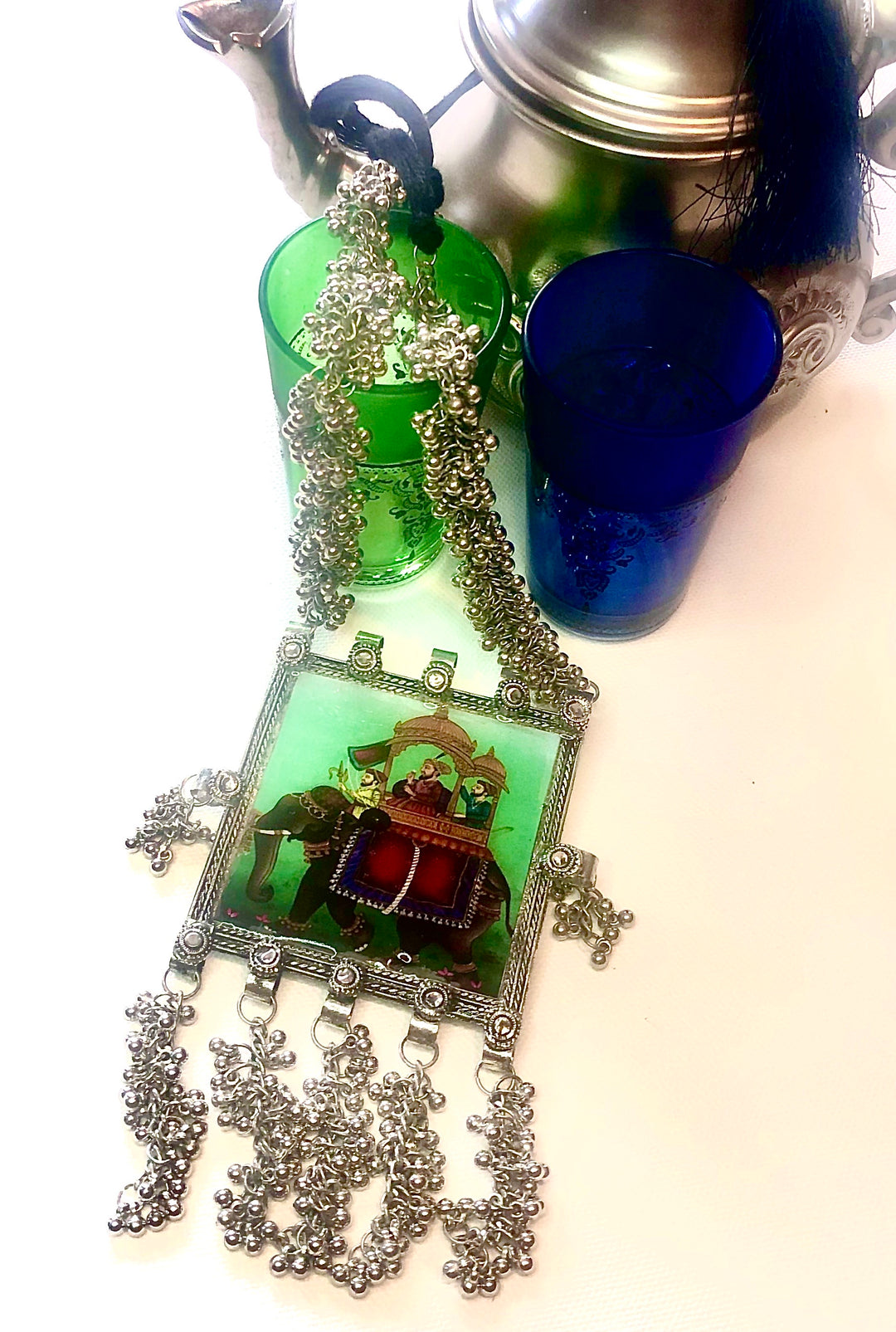 Mughal King on an Elephant Print Long Necklace - Vz Collection