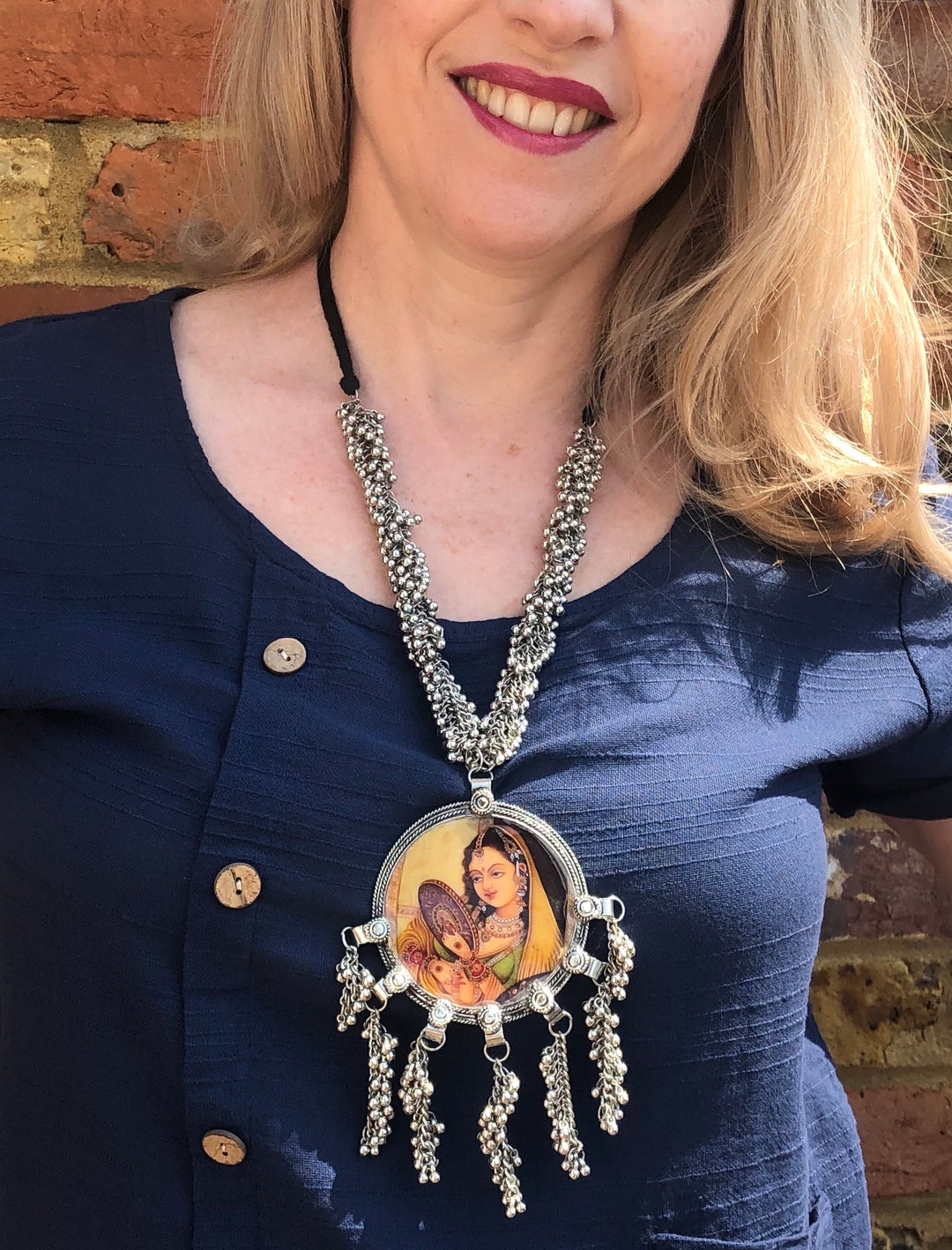 Mughal Lady with Mirror Print Long Necklace - Vz Collection