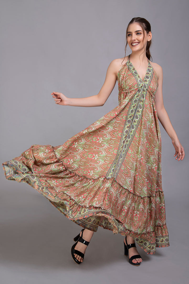 Upcycled Indian Silk Saree Long Bohemian Dress - Vz Collection