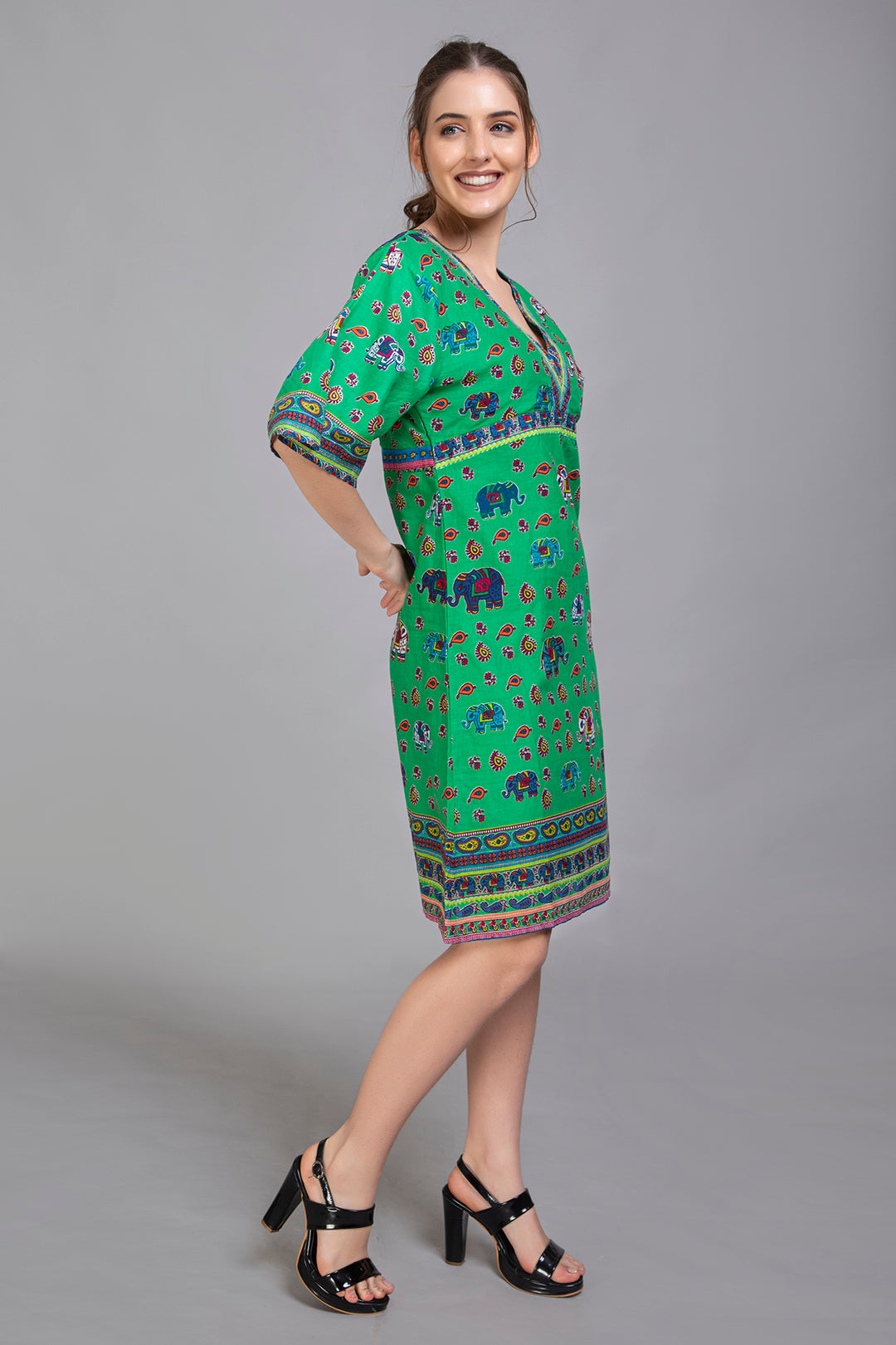 Green Elephant Print Dress - Vz Collection