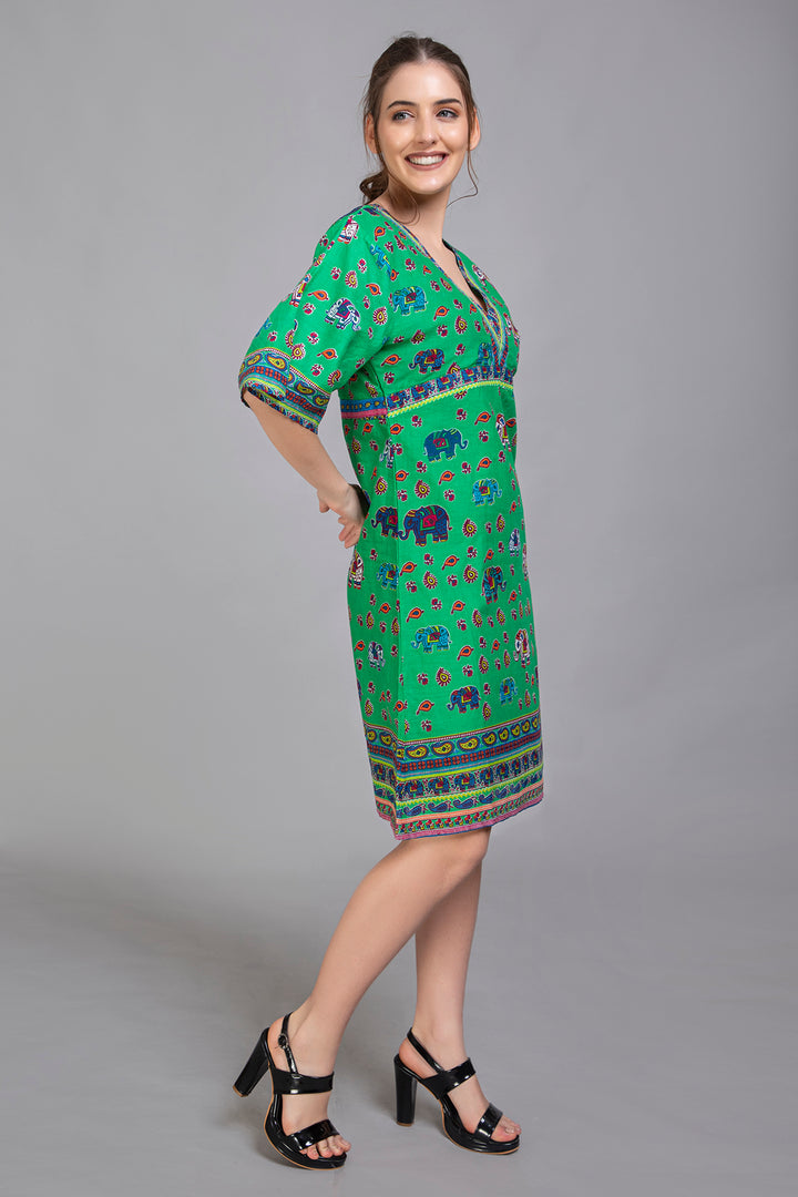 Green Elephant Print Dress - Vz Collection