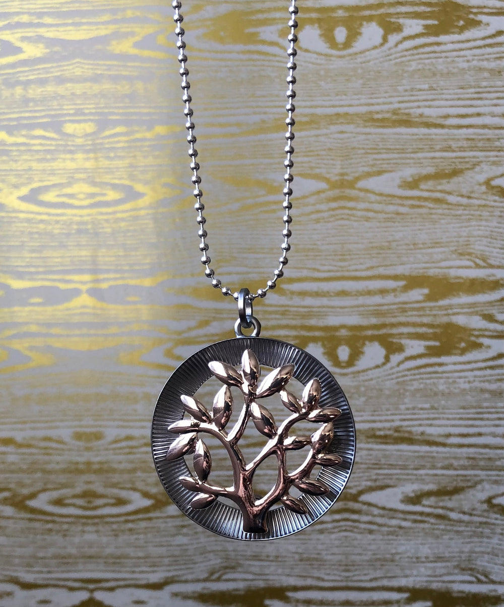2D Rose Gold Autumn Tree Pendant Long Necklace - Vz Collection