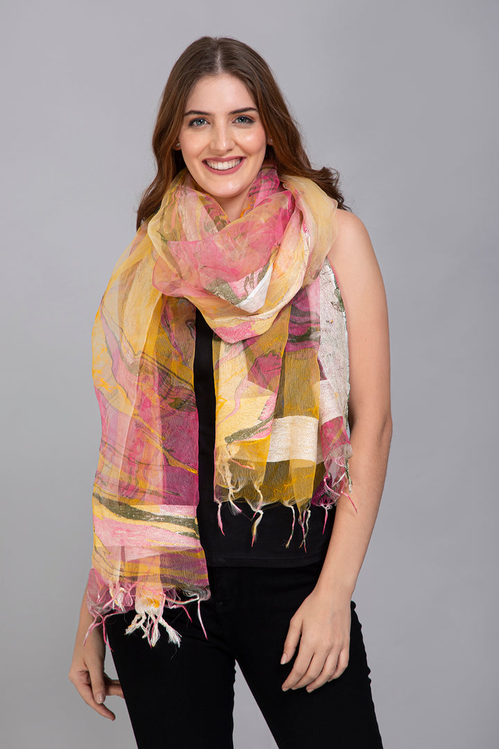 Marble Dying on Handwoven Organza Silk Scarf - Vz Collection