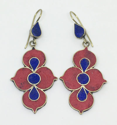 Tibetan Influenced Red & Blue Lotus Earrings - Vz Collection