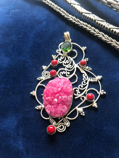 Fuchsia Pink Druze and Citrine Pendant - Vz Collection